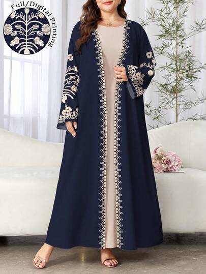 SHEIN Najma Plus Size Women's Floral Retro Print Long Sleeve Casual Arabic Abaya, Suitable For Spring And Autumn