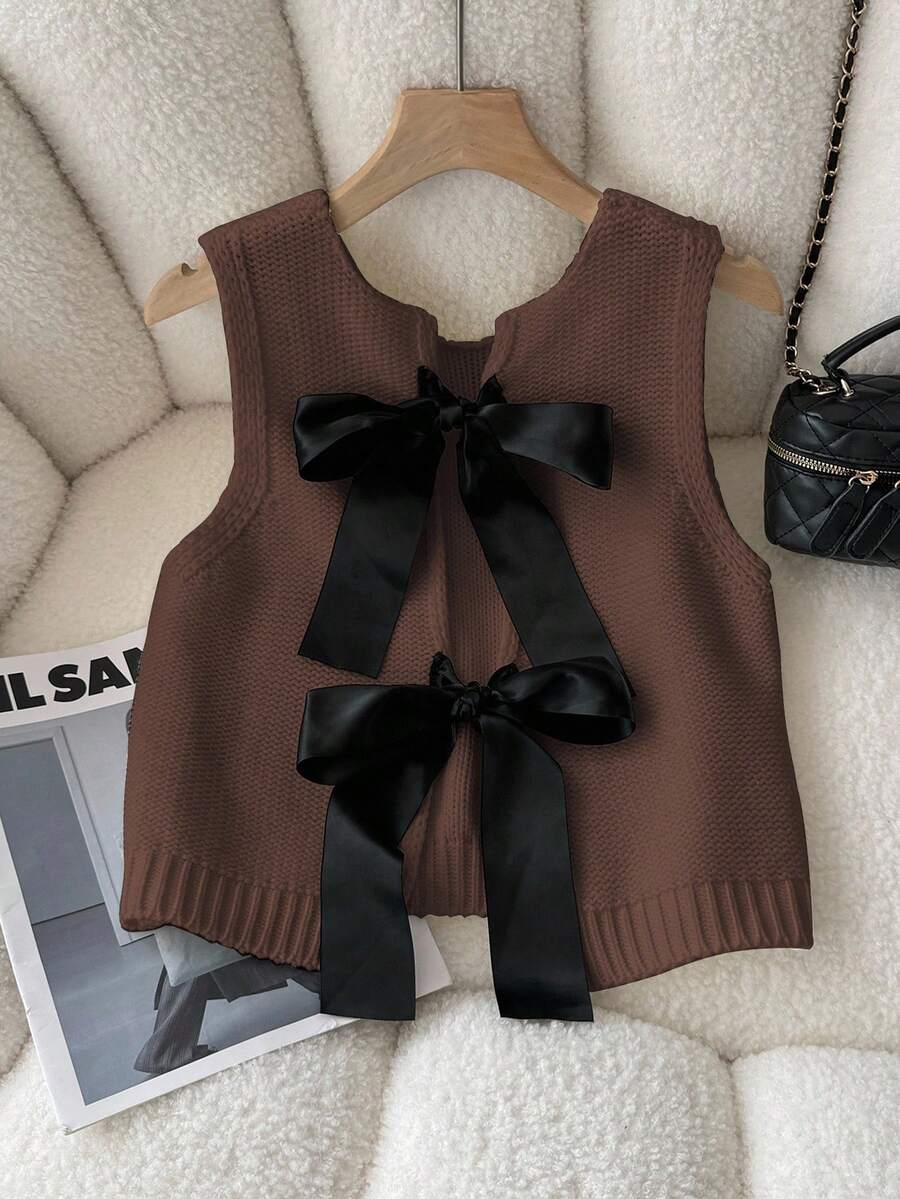 Áo len chui đầu không tay đa năng thường ngày Bow Decor, Thu/Đông - Màu Khaki - Xem 1