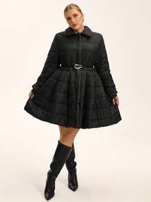 EMERY ROSE Plus Size Women Padded Coat, French Romantic Ruffle Hem A-Line Short Coat, Winter Outerwear - Black - View 5
