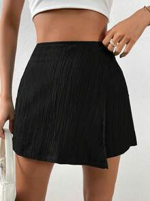 Chiquease Quần đùi nữ Bất đối xứng Trọn gói màu trơn Giải trí - màu đen - Xem 5