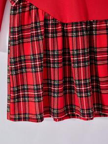 Sparklyn 女童数码印花格子拼布蝴蝶结装饰长袖连衣裙，适合节日、郊游、上学和街头风格 - 紅色 - 查看 3