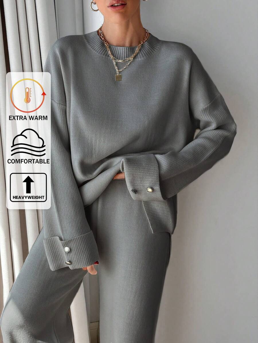 EURMUSE Women Button Detailed Sweater And Pant Set - Light Grey - View 1