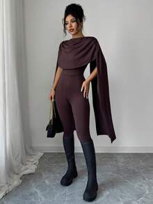 Rafferiza Women's Dark Brown Elegent Party Jumpsuit,Summer Shawl Collar Cape-Style High-Waisted Chic Two-Way Poncho Design Flowing Drape Retro Clothing - Coffee Brown - View 7