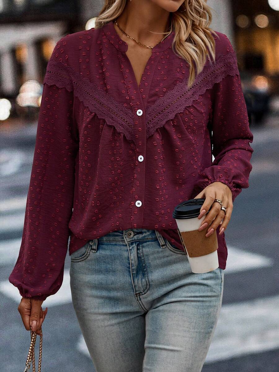 SHEIN LUNE 女式前扣长袖拼布衬衫，休闲日常女式衬衫 - 酒紅色 - 查看 1