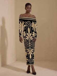 JIAN  LASALA Jian Lasala Floral Print Casual Elegant Dignified Minimalist Sexy Women's High Stretch Fitted Long Sleeve Off Shoulder Midi Dress, Suitable For Daily, Work, Outing, Travel, Date, Party, Christmas, Halloween In Autumn/Winter Bodycon Maxi Dress Women Graphic Dress Off-Shoulder Maxi Dress - Multicolor - View 1