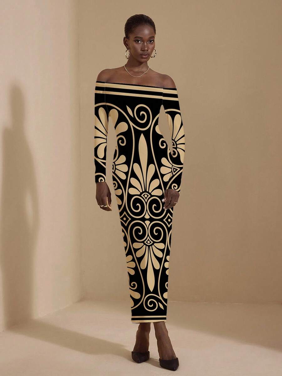 JIAN LASALA Jian Lasala Floral Print Casual Elegant Dignified Minimalist Sexy Women's High Stretch Fitted Long Sleeve Off Shoulder Midi Dress, Suitable For Daily, Work, Outing, Travel, Date, Party, Christmas, Halloween In Autumn/Winter Bodycon Maxi Dress Women Graphic Dress Off-Shoulder Maxi Dress - Multicolor - View 1