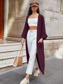 EURMUSE 女士纯色蝙蝠翼宽松休闲长款开衫 - 酒紅色 - 查看 3