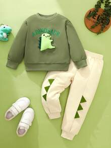 SHEIN Playful Pals 2 件套男童休闲可爱卡通恐龙和字母印花长袖圆领运动衫 + 米色慢跑裤，适合日常穿着和户外，秋季服装 - 綠色 - 查看 2