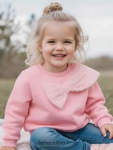 Cozy Pixies Baby Girl Plush Bow Decor Crew Neck Long Sleeve Pullover Sweatshirt, Versatile And Comfortable Autumn Winter Clothes For Women - Pink - View 3