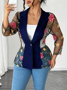 Elenzga Plus Size Women Colorful Floral Embroidered Long Sleeve Top - Navy Blue - View 5