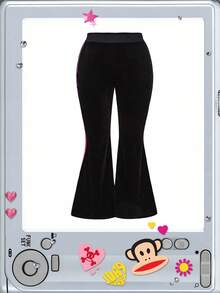 Paul Frank X ROMWE Plus Size Rhinestone Graphic Vintage Velvet Hooded Jacket & Flared Pants 2 Pieces Set, Autumn/Winter - Black - View 7
