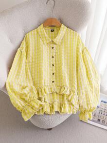 CosyJoli Plus Size Plaid Front Button Ruffle Lantern Sleeve Fashion Shirt Butter Yellow - Light Yellow - View 5