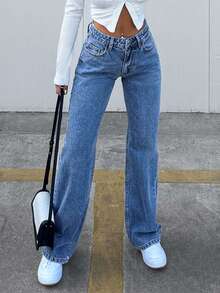 SHEIN Tall Jeans rectos de 100% algodón para mujer, talla alta - Azul - Ver 5