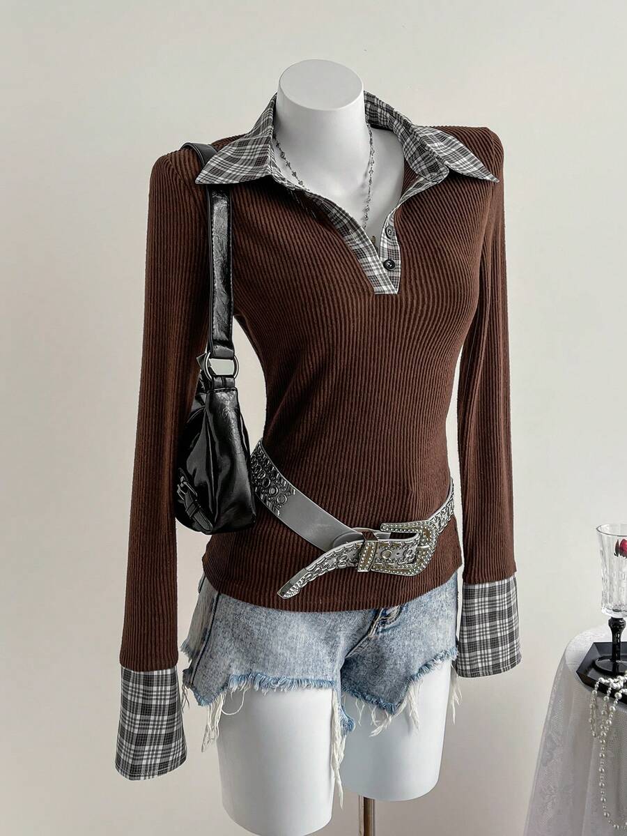 Sweetra Koszulka polo w kratę w stylu retro, 2 w 1, z długim rękawem i kontrastowym kolorem, dla kobiet, jesień - Wielokolorowe - Zobacz 1