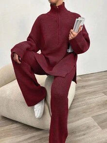 EURMUSE 2 件套女士休闲日常宽松拉链开衫和裤子套装，秋冬 - 酒紅色 - 查看 3