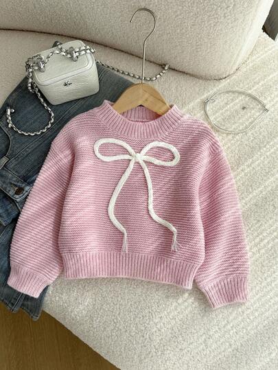 Genkimix Kids 年轻女孩圆领长袖蝴蝶结装饰休闲针织套头衫