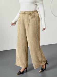 Firerie Pantalones casuales elegantes a juego para mujer de talla grande con cadena metálica y decoración de botones, adecuados para el trabajo, la oficina, el transporte, otoño/invierno - Caqui - Ver 7