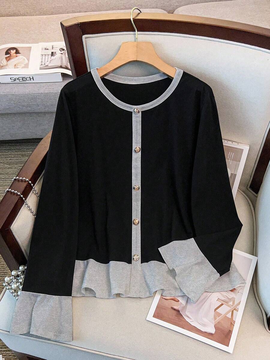 GlowEve CURVE 大码女式优雅休闲荷叶边撞色长袖 T 恤，圆领喇叭袖，纽扣装饰，简约剪裁设计上衣