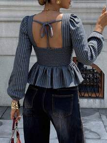 Pariaura French Style Striped Square Collar Women Shirt - Royal Blue - View 3