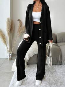 EURMUSE 2pcs Women's Solid Color Button Front Long Sleeve Simple Sweater And Pants Casual Outfit - Black - View 6