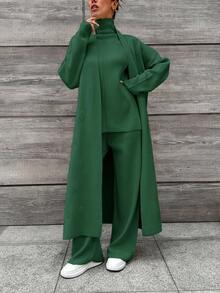 EURMUSE Women's Solid Color Collarless Sleeveless Basic Top, Long Sleeve Maxi Jacket And Long Pants Set - Green - View 4