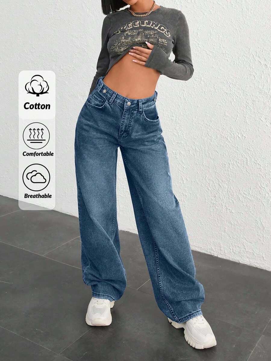 SHEIN Cottnline JEAN DE PIERNA ANCHA CON BOTONES DE CINTURA ALTA 100% ALGODÓN - Azul lavado oscuro - Ver 1