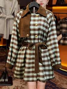 EMERY ROSE 1pc Women's Casual Waist Tie Long Sleeve Regular Jacket - Random Floral Pattern, Christmas - Brown - View 3