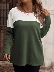 EMERY ROSE Women's Plus Size Round Neck Long Sleeve Colorblock T-Shirt With Decorative Buttons, Small Plaid Textured Fabric, Autumn/Winter - Multicolor - View 3