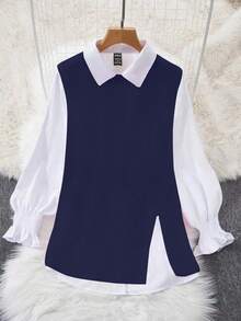 INAWLY 2 件春季白色灯笼袖衬衫和宽松开襟背心毛衣套装女士 - 藏蓝色 - 查看 3