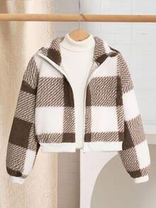 SHEIN Tween Girl Rutig fleece med ståkrage, långärmad kort plyschjacka, höst och vinter, flanelljacka, avslappnad rutig jacka, höstvinter, mamma och jag matchande, höstvinter - Kaki - Visa 2