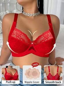 DesireSculpt 1pc Plus Size Christmas Lace Lingerie Bra With Underwire - Red - View 4
