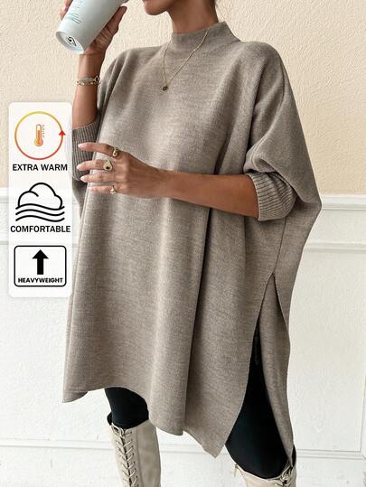 SHEIN Damen überschnittene Oversized Pullover mit Stehkragen und Halbarm in Unifarbe, Poncho Damen