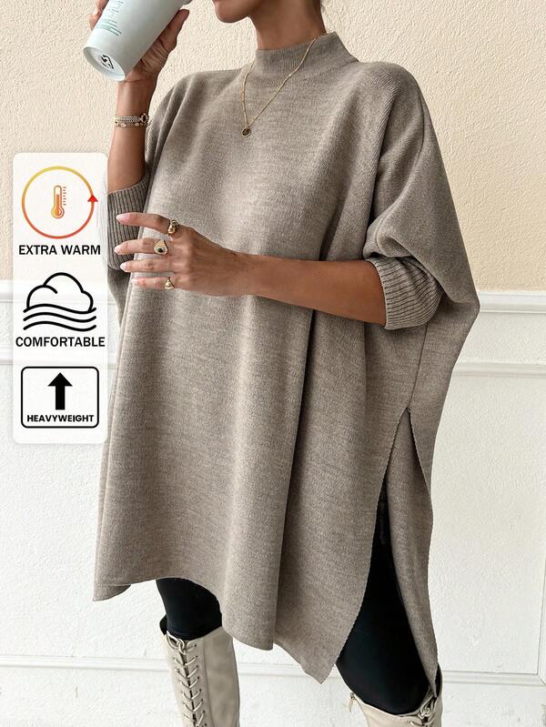 SHEIN Women Solid Color Mock Neck Half Sleeve Oversize Pullover