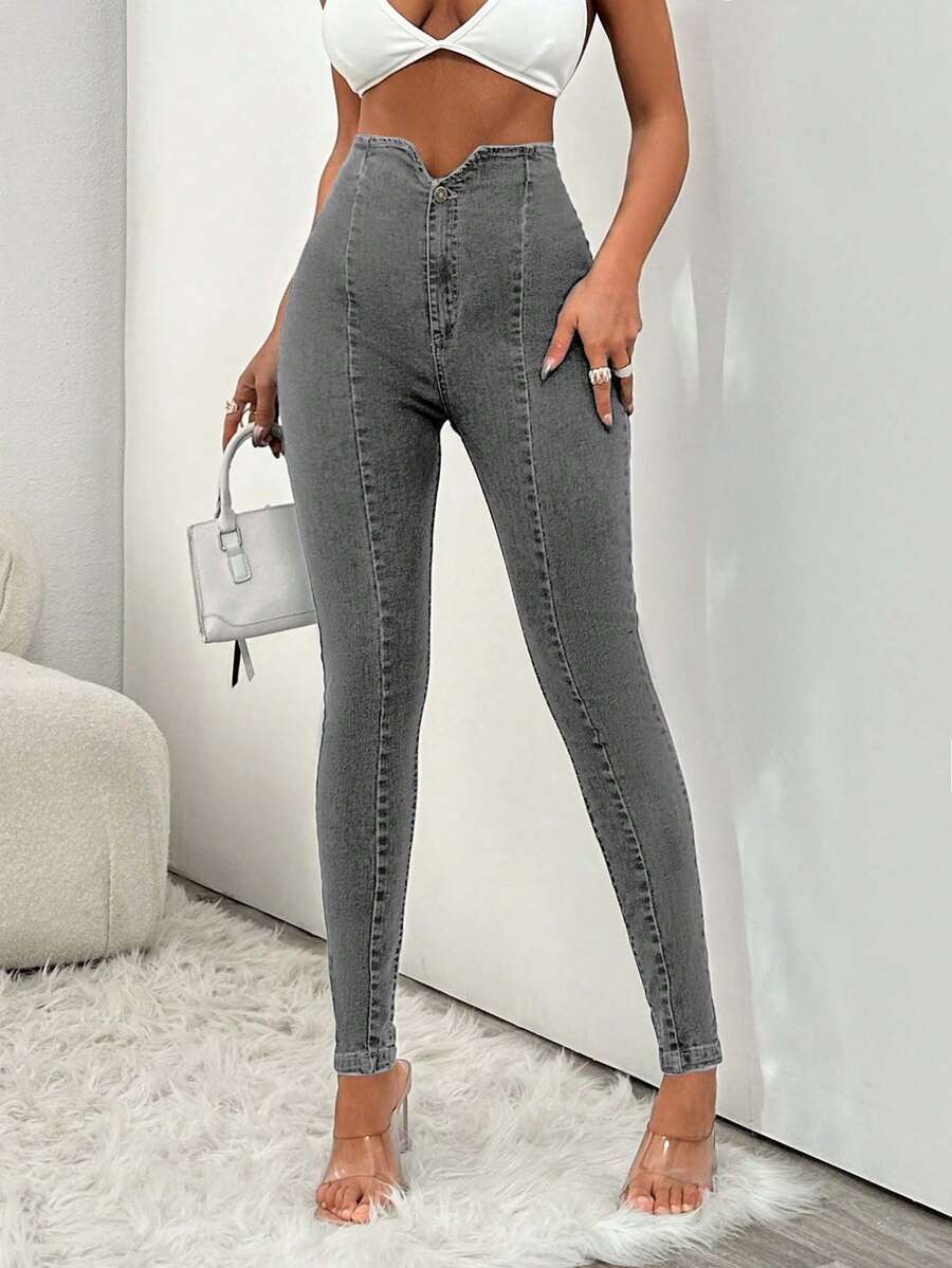 EURMUSE 97%纯棉女式高腰修身开衩牛仔裤 - 灰色 - 查看 1