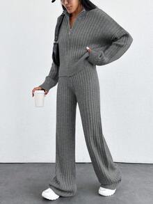 EURMUSE 落肩拉鍊開襟針織外套與針織長褲套裝，小碼女款 - 深灰色 - 查看 3