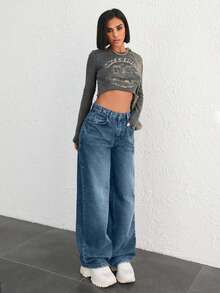 SHEIN Cottnline JEAN DE PIERNA ANCHA CON BOTONES DE CINTURA ALTA 100% ALGODÓN - Azul lavado oscuro - Ver 3