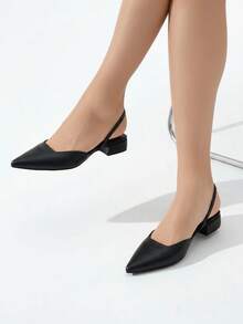 Sandalias de tacón bajo para mujer estilo sencillo moderno diseño de punta fina material PU acabado delicado ajuste ceñido punta redonda sin manga primavera verano oficina casual - Negro - Ver 2