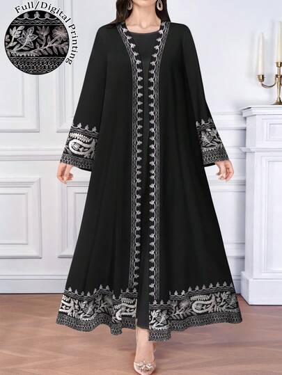 SHEIN Najma 女士佩斯利印花 V 领长袖优雅阿拉伯风格长裙，春夏