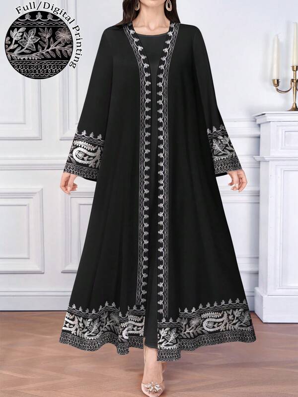 SHEIN Najma Women's Paisley Print V-Neck Long Sleeve Elegant Arabic Style Maxi Dress, Spring/Summer Black Abaya For Women Modest Dresses For Women