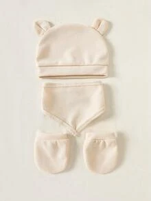 SHEIN Neugeborenen Aprikose Waffel Rundhals Jumpsuit mit gesticktem Regenbogenmuster, Set mit passender Tasche, Mütze, Kapuze und Handschuhen, 5-teiliges Geschenkset, geeignet für Jungen und Mädchen, Lässig Stil