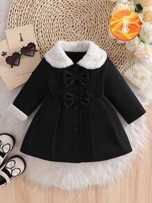 SHEIN Abrigo de trinchera para niñas bebé con cuello de piel sintética y decoración de lazo, para otoño/invierno