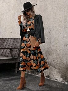 EMERY ROSE Women's Autumn/Winter Atmospheric Maple Leaf & Fallen Leaves Retro Print Long Dress, Suitable For Outings, Street Style, Dates, Chic - Multicolor - View 3