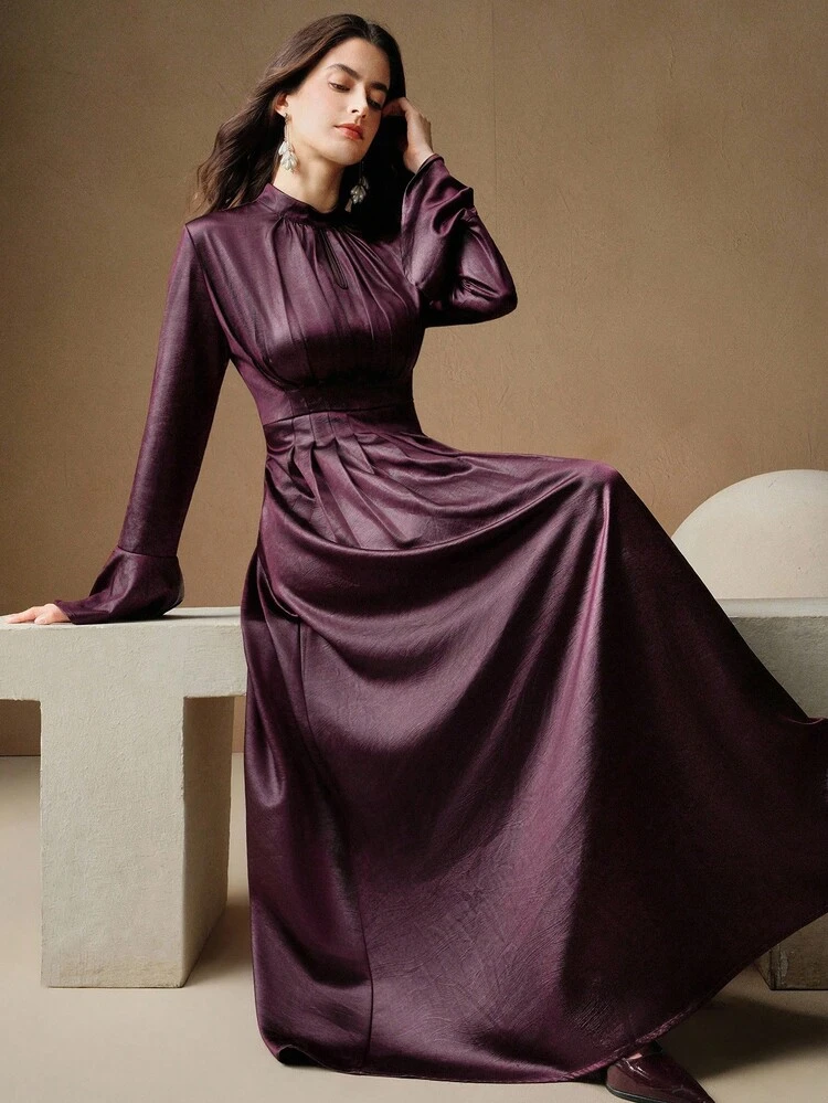 Vestido de manga larga con cuello de corbata, manga acampanada y plisado, elegante y vintage para mujer, otoño/invierno