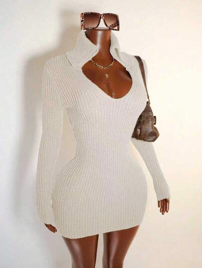 Mistrie Vestido de suéter para mujer, estilo corto de manga larga de punto en color caqui, escote en V profundo, para viajes, vacaciones, fiestas y discotecas, estilos de primavera, otoño, invierno y verano