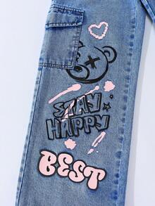 SHEIN ChillGRL 少女涂鸦印花阔腿工装牛仔裤，甜美酷炫街头风休闲Y2K图案牛仔裤，Y2K美学，90年代童装 - 深色水洗藍 - 查看 7