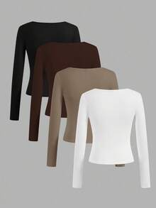 SHEIN Essnce 4件套女士休闲简约方领T恤，纯色，适合秋冬季，分层，户外，汗衫 - 彩色 - 查看 2