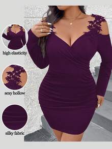 SHEIN Clasi Plus Size Women's Elegant Solid Color Patchwork Lace Cutout Shoulder Ruched Fitted Dress, Spring/Autumn