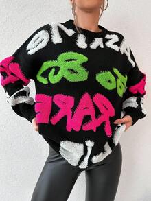 EURMUSE Letter Pattern Drop Shoulder Sweater - Black and White - View 3