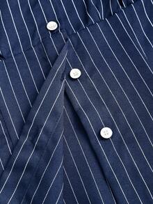 Sweetra 时尚撞色纹理纽扣修身腰部修身条纹领长袖女式衬衫 - 藍色 - 查看 6