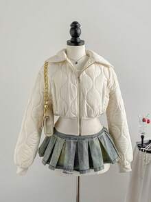 Sweetra 女士时尚别致休闲厚款拉链短款宽松领夹棉大衣，冬季 - 白色 - 查看 3